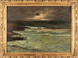 an oil painting of a view of the ocean with a cloudy sky