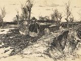 dessin représentant un paysage avec des arbres et des rochers au premier plan