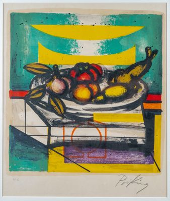 une peinture représentant une coupe de fruits sur une table