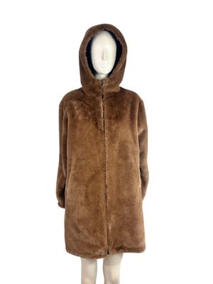 the mannequin is wearing a brown coat with a hood