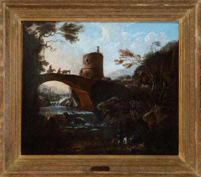 an oil painting of a bridge over a river with a castle in the background