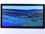 tableau représentant un paysage bleu avec des collines et des arbres au loin
