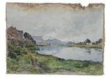 aquarelle représentant une vue sur une rivière avec un village au loin