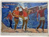 un tableau représentant un groupe de personnes debout sur un quai