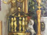 a painting of a gold statue on a mantle