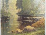 an image of a painting of a river with trees in the background