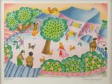 a picture of a painting of people and animals in the park