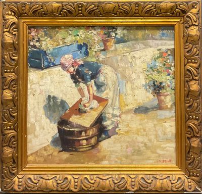an image of a painting of a woman bending over a suitcase