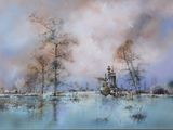 an image of a painting of a lake with trees in the foreground