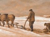 une peinture représentant un homme labourant un champ avec deux chevaux