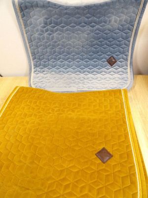 a yellow and blue cushion on the back of a chair