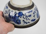 a person holding a blue and white bowl in their hand