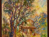 a painting of a house and a horse in a field