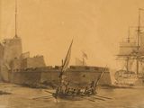 a drawing of a boat in the water next to a castle