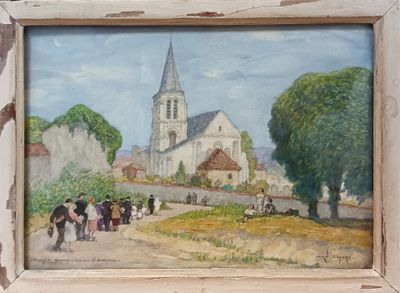 un tableau représentant une église et des passants dans la rue