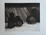 a black and white drawing of three hedgehogs in the snow