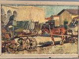 an oil painting of a horse pulling a wagon with a man on it