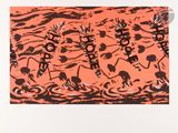 an image of a painting of a group of people on a coral background
