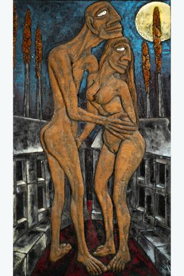 a painting of two nudes hugging each other in front of a full moon