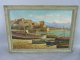 an oil painting of boats on a beach with a castle in the background