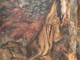 a picture of a painting of a kangaroo and a dog in the woods