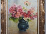 an oil painting of a vase with flowers in it on a table
