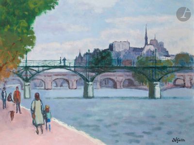 tableau représentant des personnes marchant sur un trottoir au bord d'une rivière, avec un pont en arrière-plan