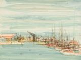 tableau représentant un port avec des bateaux et une grue au loin