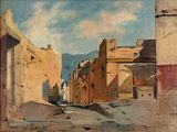 painting of a street in an old town with buildings and a horse