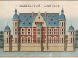 drawing of a large red and white building with a blue roof