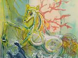 an image of a painting of a horse and a man riding a bike