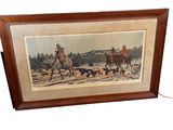 painting of two men riding horses with a dog on a leash