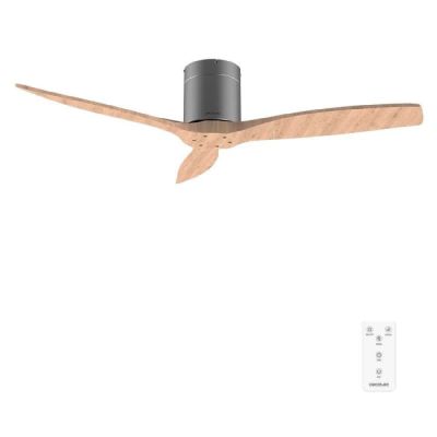 Le ventilateur de plafond est en bois et dispose d'une télécommande.