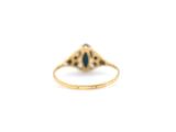 a close up of a gold ring with a blue stone