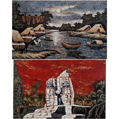 deux tableaux représentant une rivière et un village avec des bateaux sur l'eau