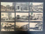 several old black and white photos of old buildings and people