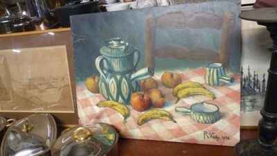 une peinture représentant une nature morte avec des fruits sur une table
