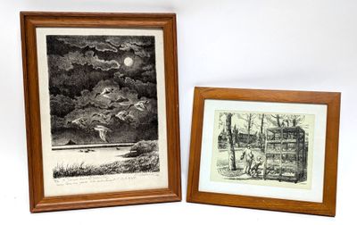 two framed prints of a boat and a house on a lake