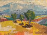 painting of a painting of a landscape with a mountain in the background