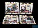 three boxes of pokemon trading cards on display on a black background
