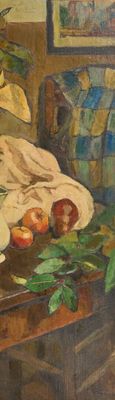 une peinture représentant une nature morte avec des fleurs et des fruits posés sur une table