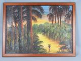 tableau représentant une femme marchant dans la jungle, un panier sur la tête