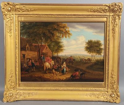 une peinture à l'huile représentant une scène de village avec un homme à cheval et une femme à cheval