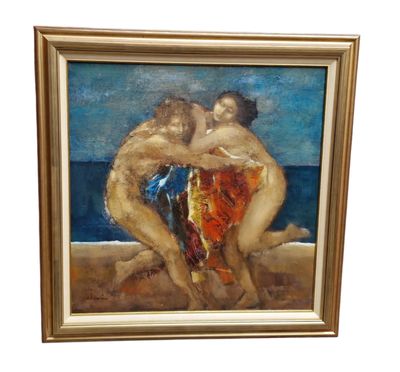 an oil painting of two men hugging each other on a beach