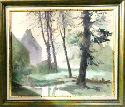 a picture of a painting of some trees in the woods