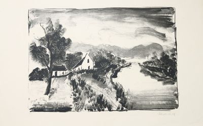 un dessin en noir et blanc représentant une maison sur une colline