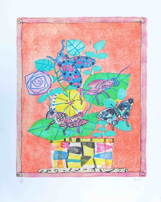 dessin représentant un tableau d'une plante en pot avec des fleurs et des papillons