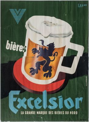 an old poster of a beer mug with a dragon on it