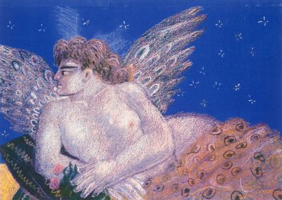 un tableau représentant une fée assise sur la lune