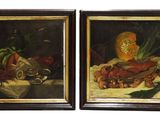 une paire de peintures à l'huile représentant des fruits et des légumes posés sur une table